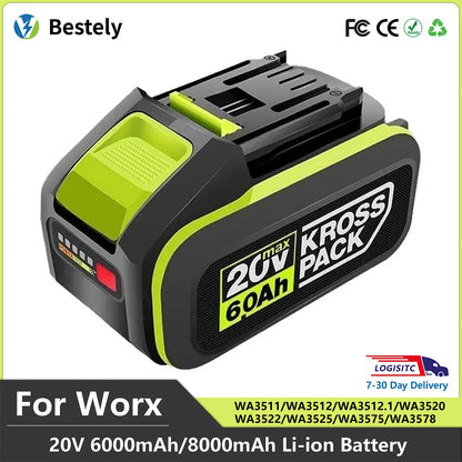 For WORX 20V 6.0Ah/8.0Ah 5pin WA3016 WA3023 WA3027 Li-ion Battery For dewalt tools for WORX Cordless Power Tool Model Battery