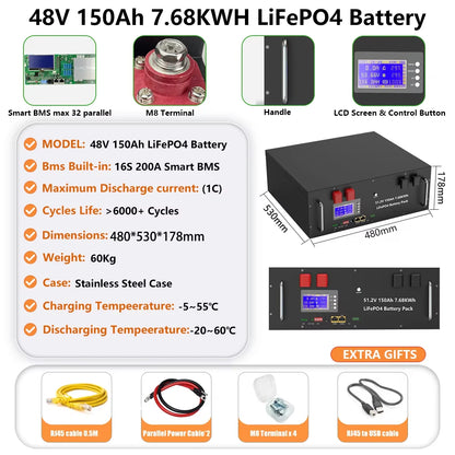 48V 100AH 150AH 200AH LiFePO4 Battery Pack 51.2V Lithium Solar Battery 6000+ Cycle Built-in 200A BMS RS485 CAN For Home Storage