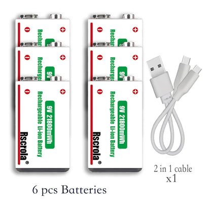 Long-Lasting 9V Lithium ion Rechargeable Battery 21800mWh High Capacity for Guitar Microphone Smoke Detector Pedal with Cable