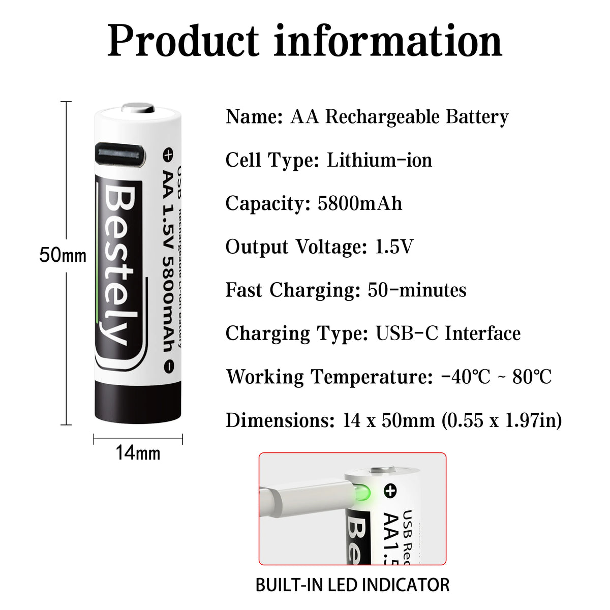 New 1.5V AA 5800mAh Rechargeable Batteries/ Li-ion Battery Long-Lasting/High Capacity Lithium Akku/2000 Cycles with USB-C Cables
