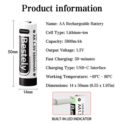New 1.5V AA 5800mAh Rechargeable Batteries/ Li-ion Battery Long-Lasting/High Capacity Lithium Akku/2000 Cycles with USB-C Cables