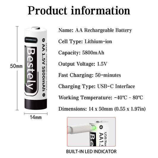 New 1.5V AA 5800mAh Rechargeable Batteries/ Li-ion Battery Long-Lasting/High Capacity Lithium Akku/2000 Cycles with USB-C Cables