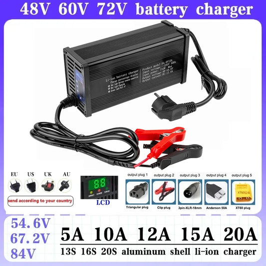 48V 60V 72V 5A 8A 10A 12A 15A 20A Lithium Ion Charger 13S 16S 20S 54.6V 67.2V 84V High-power Intelligent & Display Metal Shell