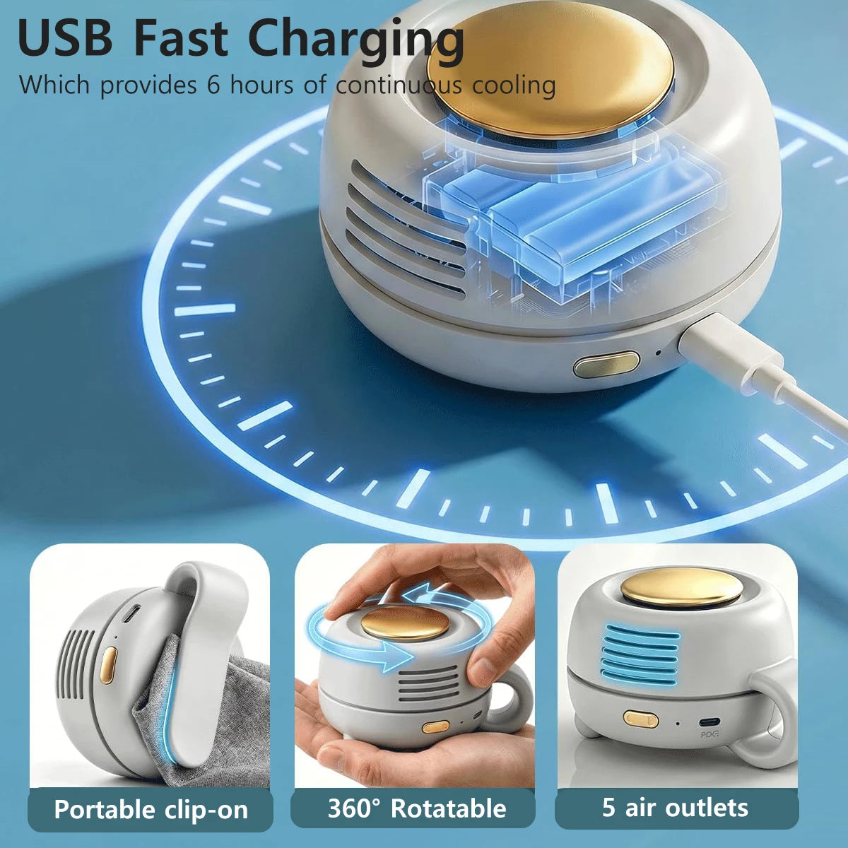 Portable Clip-On Fan Mini Rechargeable 360° Rotatable Fan Adjustable 3-Speed Silent Mini Bladeless Fans