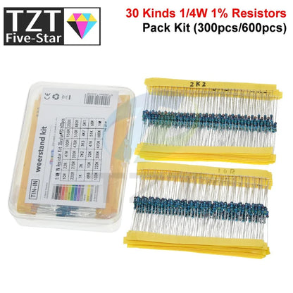 TZT 600pcs/set 30 Kinds 1/4W Resistance 1% Resistors Pack Kit 1K 10K 100K 220ohm 1M Resistors 300pcs/set