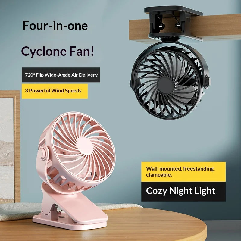 Powerful Rechargeable Clip Fan Portable, 720° Rotatable Fan with Night Light, Air Cooler USB Desk, Long Battery Life Ventilador