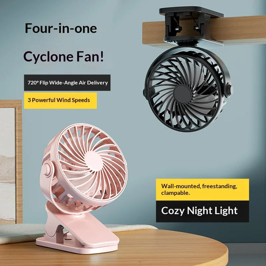 Powerful Rechargeable Clip Fan Portable, 720° Rotatable Fan with Night Light, Air Cooler USB Desk, Long Battery Life Ventilador