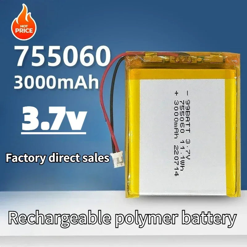 755060 Battery 3.7V 3000mAh Lithium Polymer Rechargeable Batteries for Mobile Power Supply Small Speaker Solar Light Walkie New