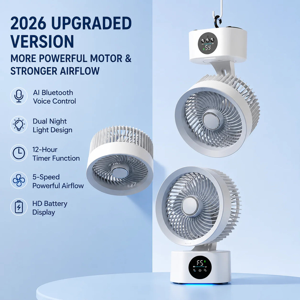 2026 New Portable Air Circulation Fan Rechargeable AI Voice Control 5 Speed Auto Oscillating Desktop Wall Mount Hanging Fan Home
