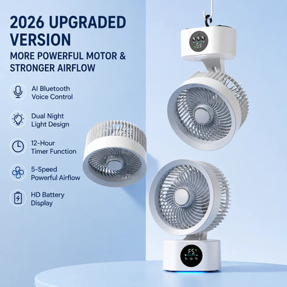 2026 New Portable Air Circulation Fan Rechargeable AI Voice Control 5 Speed Auto Oscillating Desktop Wall Mount Hanging Fan Home