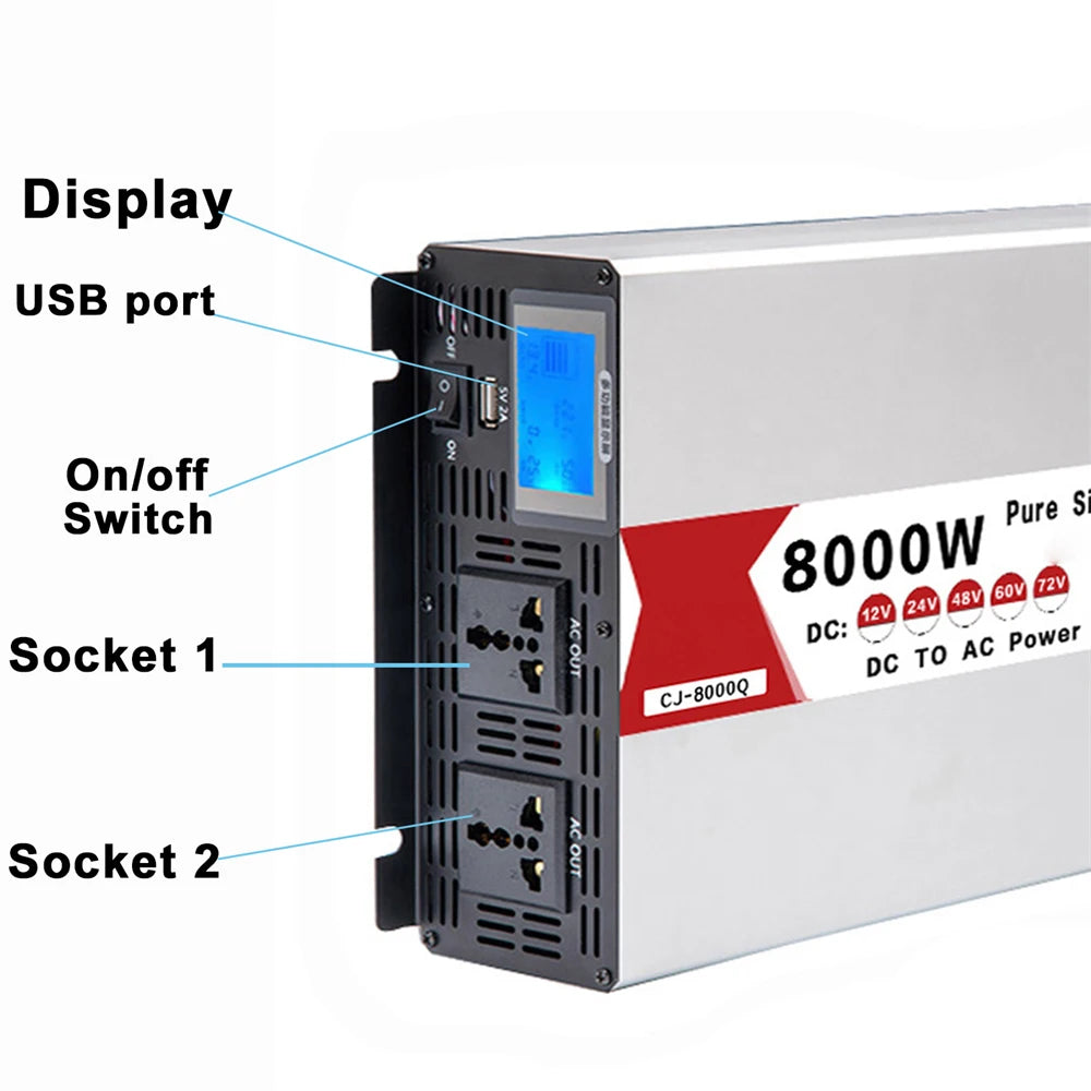 Inverter 12V 24V 48V 60V 72V To AC 220V Pure Sine Wave 60hz 6000W 8000W Power Inverter Frequency Converter Dual Socket With USB