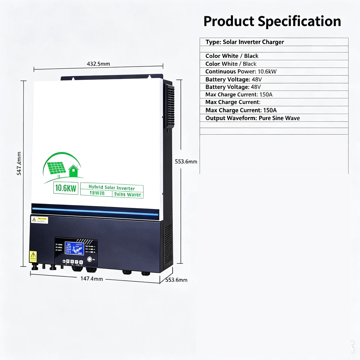 10.6KW 48V‑220V Solar Inverter All‑in‑One, Built‑in 150A MPPT Charge Controller, Off‑Grid Hybrid Solar Power Inverter