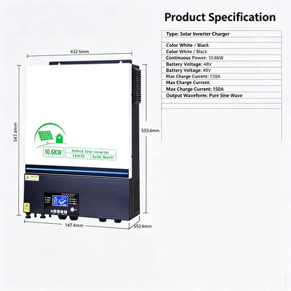 10.6KW 48V‑220V Solar Inverter All‑in‑One, Built‑in 150A MPPT Charge Controller, Off‑Grid Hybrid Solar Power Inverter