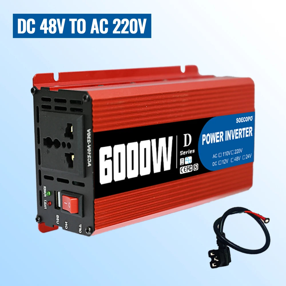 Smart Inverter 6000W-10000W DC 12V 24V 48V to AC 220V 50Hz Car Power Converter with USB Port for RV Truck Outdoor Camping Solar