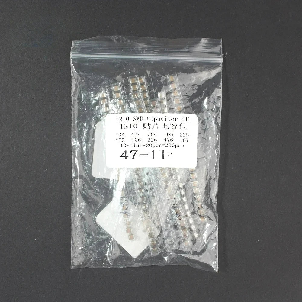 200pcs 1210 SMD Capacitor 6.3V 10V 16V 25V 50V 10 Kinds*20pcs Capacitors Pack 0.1UF 0.47UF 0.68UF 1UF 2.2UF 10UF 100UF