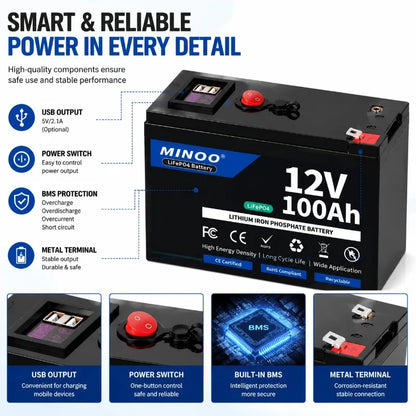 12V Lithium Battery 200Ah LiFePO4 6000+ Deep Cycles Built-in BMS,5-Year Lifetime,for UPS, Kayak Fish Finder, Solar Panel,Radio