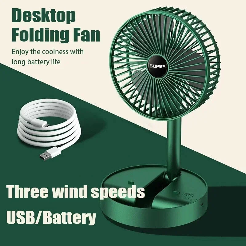 USB Charge Mini Foldable Extendable Fan Long Battery Portable Quiet Cool Fan for Dorm Home Office Indoor Desktop Cooling Gadget