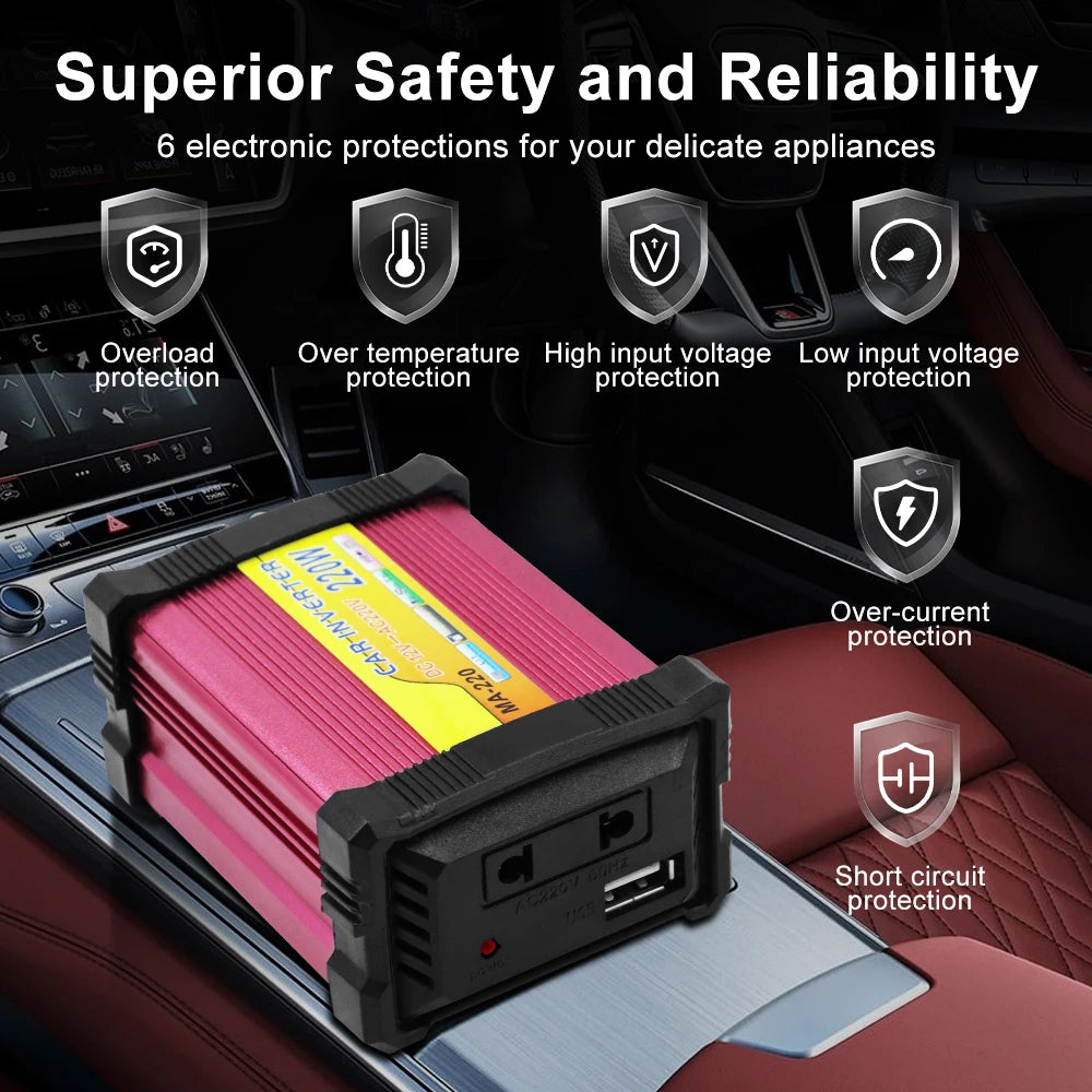 220W Automobile Inverter 12V To 220V Converter Car Inverters 1+1 USB Charger Port 220V AC Powe Socket Storage Batteries Inverter