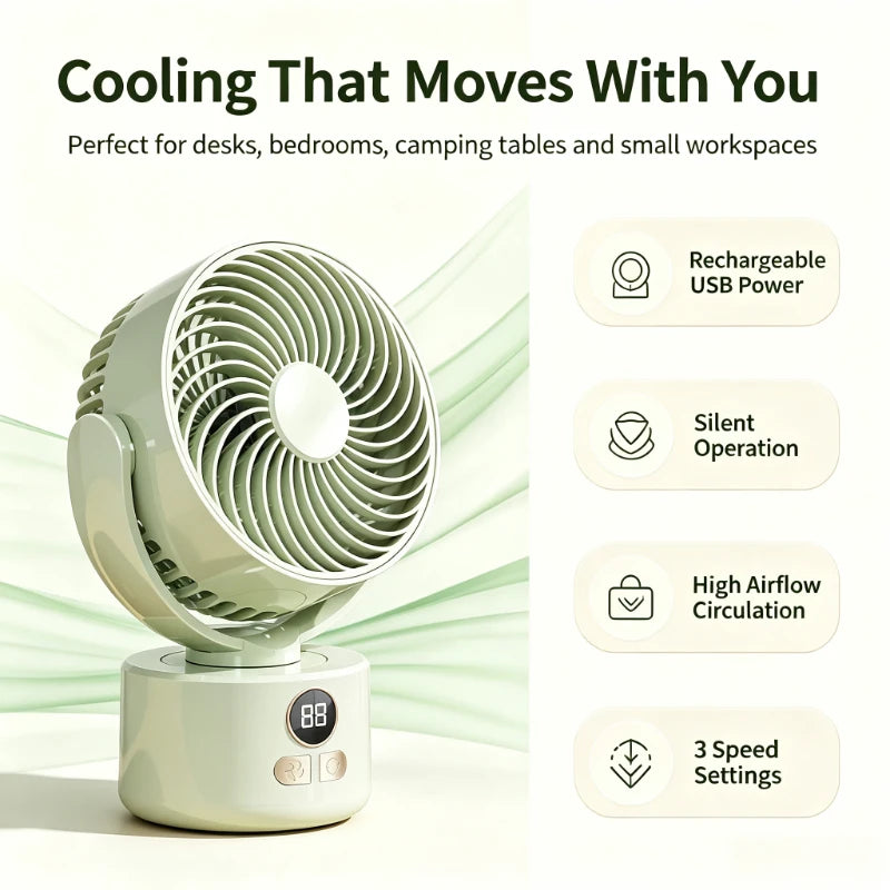 USB Rechargeable Quiet Oscillating Fan Long Battery Life High Airflow Camping Circulator for Home Office Use