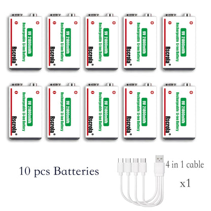 Long-Lasting 9V Lithium ion Rechargeable Battery 21800mWh High Capacity for Guitar Microphone Smoke Detector Pedal with Cable