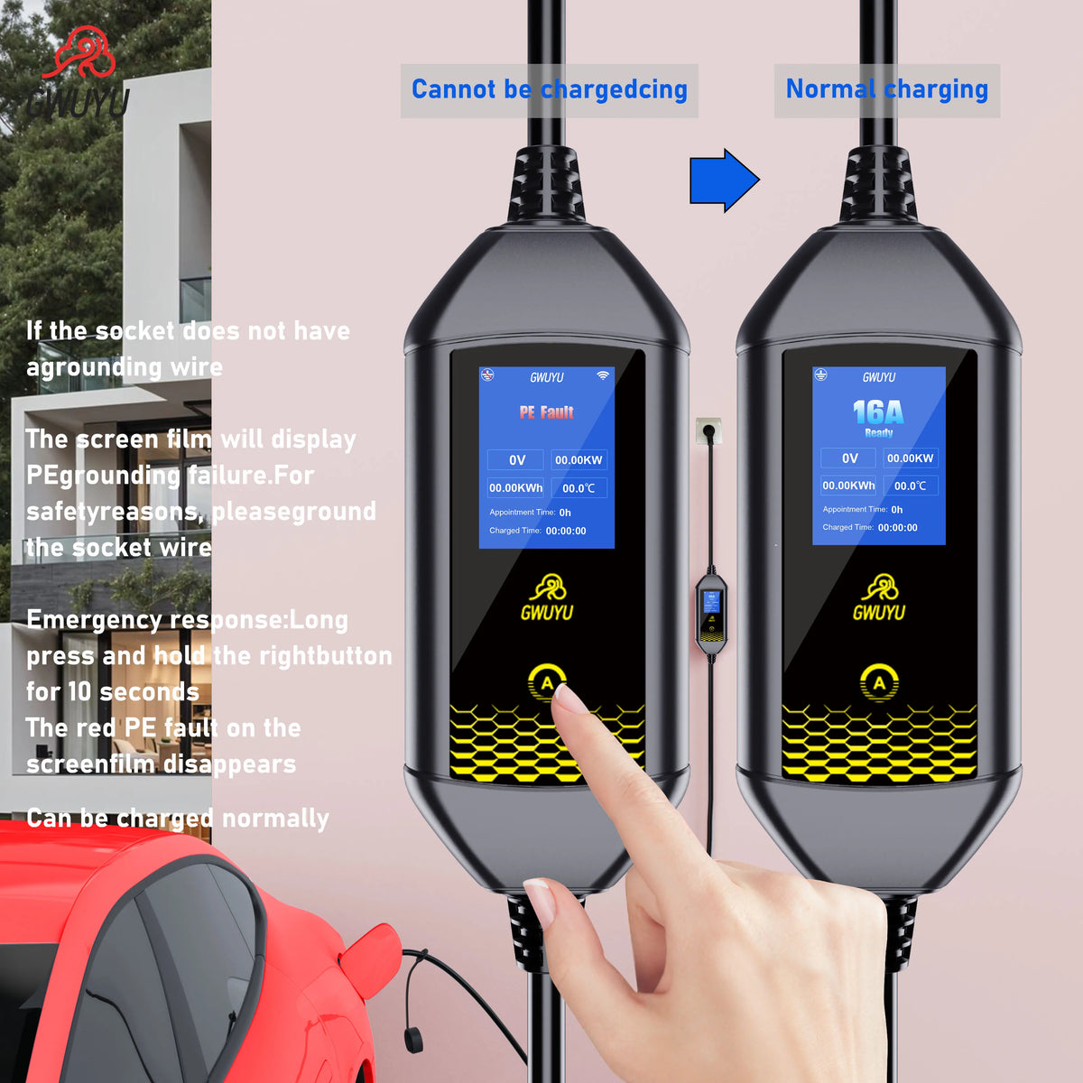 Portable EV Charger 3.5KW AC EV Charging Station Type2 J1772 GBT Portable EV Charging Pile with 2.8 Inch LCD Screen APP Control