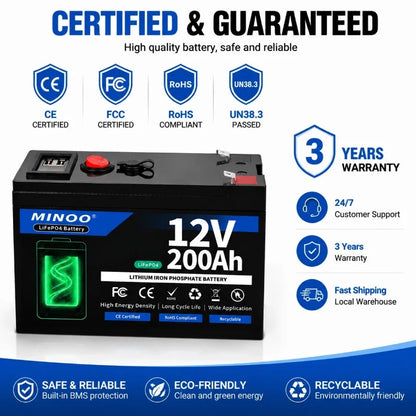12 V 200Ah LiFePO4 Battery Lithium Iron Phosphate Rechargeable Battery With BMS 6000+ Cycles For Solar RV Marine Energy Storage