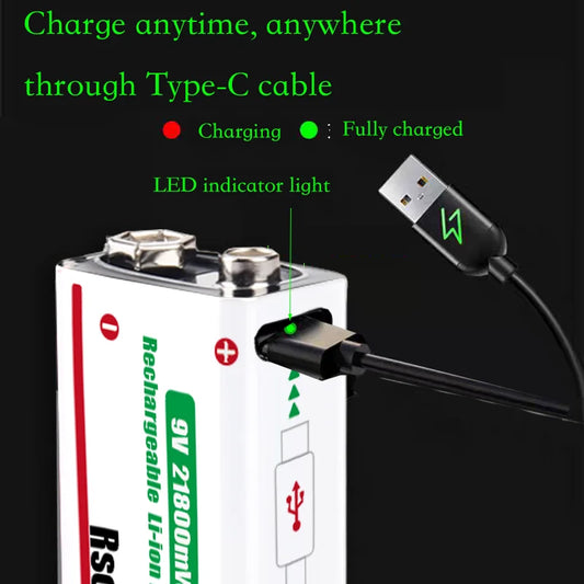 Long-Lasting 9V Lithium ion Rechargeable Battery 21800mWh High Capacity for Guitar Microphone Smoke Detector Pedal with Cable