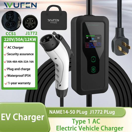 WUFEN Type1 50A 1Phase 12KW 220V Portable EV Charger J1772 Socket Fast Charging EVSE Wallbox Charging Station for Electric Car