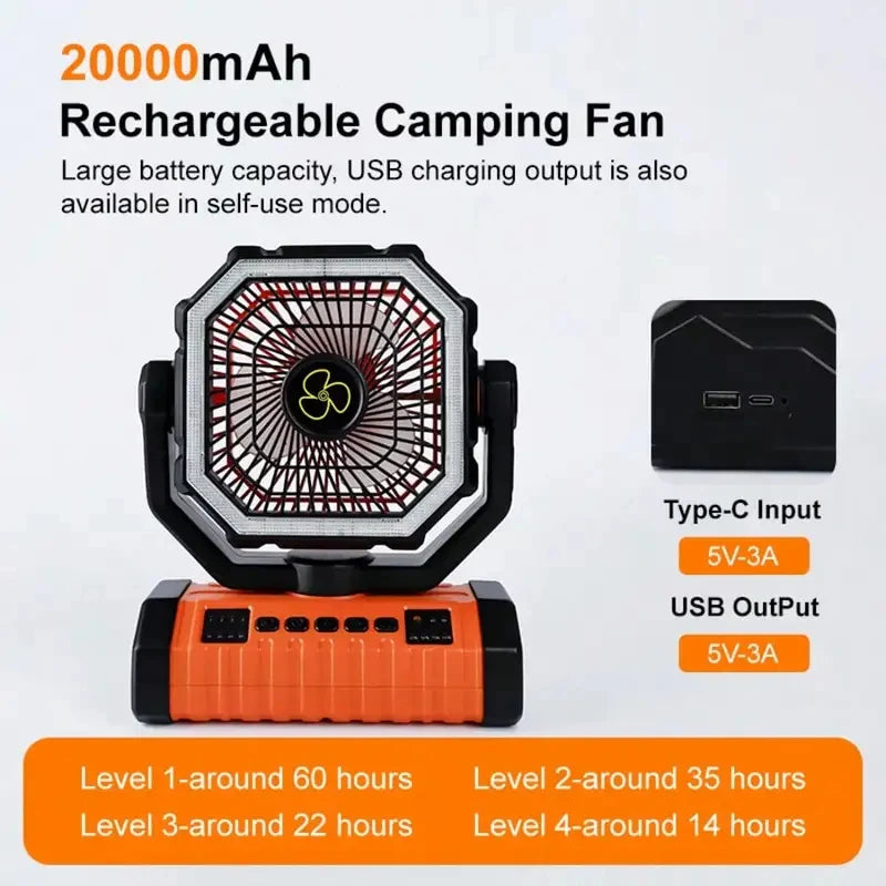2026 New Hot-Selling Rechargeable Outdoor Camping Fan, 20000mAh Battery-Powered Fan, Long-Life Rechargeable Shaking Head Fan.
