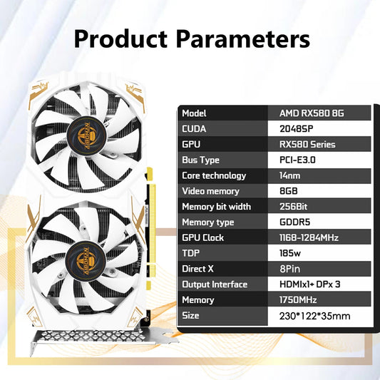 AIBOMAN Video Card AMD RX580 8GB Graphics Card GDDR5 256Bit 2048SP Dragon Series Gaming Video Cards Desktop Computer component