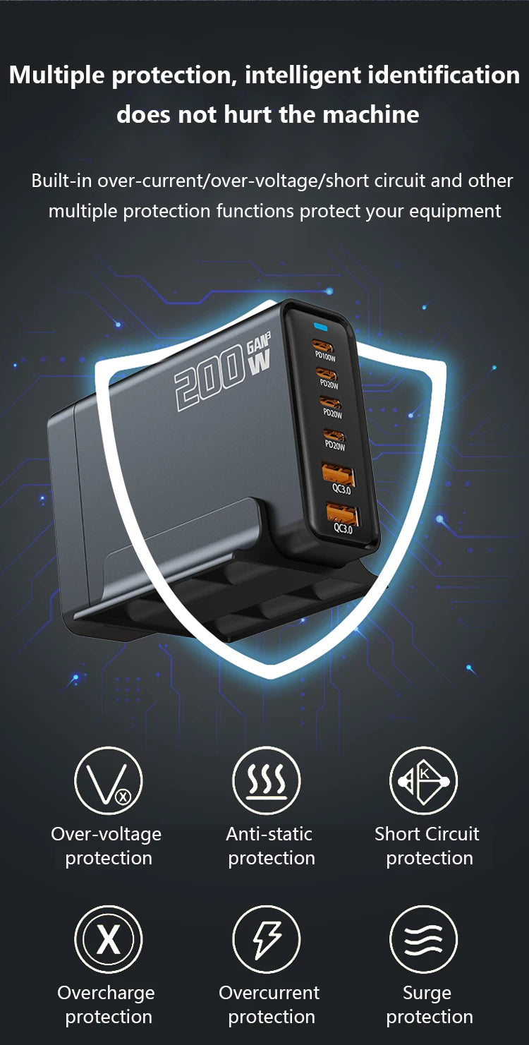 200W Gallium Nitride Multi Port Charging Station - Electronic Devices for Mobile Phones/Tablets Can Be Charged Simultaneously