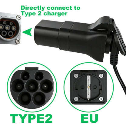 Portable EV Charging Adapter 220V Type 2 Male Plug to Schuko Socket Converter for IEC 62196-2 Charging Stations Electric Scooter