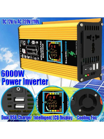 6000W Inverter DC 12V To AC 110V / 220V Vehicle Solar Power Inverter with Dual USB Digital Display for RVs and Small Appliances
