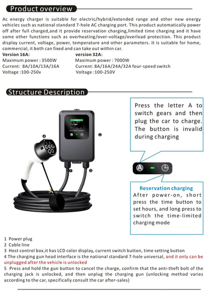 EV Wallbox 5M/10M 7KW 32A Charging Station Car Home EV Wallbox Electric Car EV Wallbox With 5M Cable Color Screen