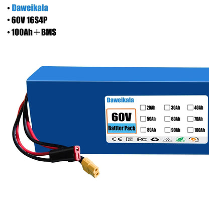 100Ah  60V 16s4p lithium-ion battery pack 60V 100000mAh 2000W electric battery, built-in 50A BMS+charger