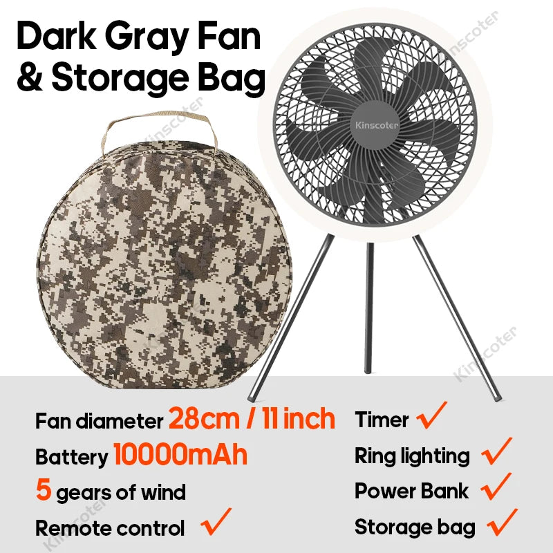 Outdoor Camping Rechargeable Fan Wireless Ceiling Electric Fan LED Light 10000mAh Emergency Charging Desktop Portable Fan Tripod