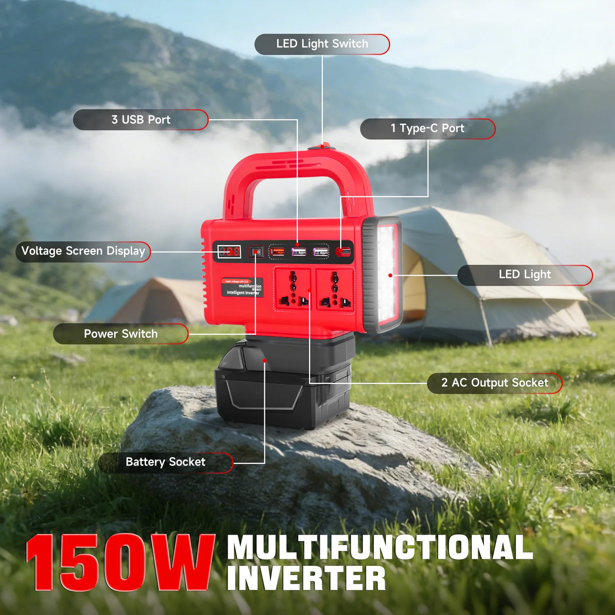 150W Portable Power Inverter for Milwaukee 18V Battery DC 18V to AC 110V 220V Converter Power Station Outdoor Emergency Use