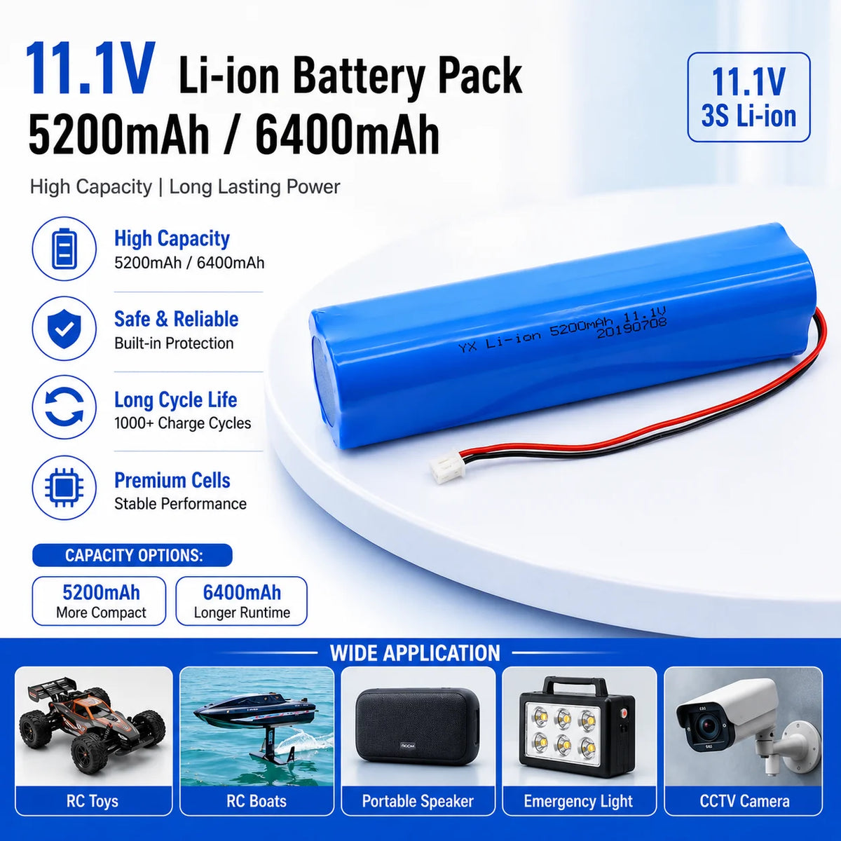 11.1V 3S2P Rechargeable Lithium Battery Pack 12.6V for LED Emergency Light CCTV Camera Audio Backup Battery