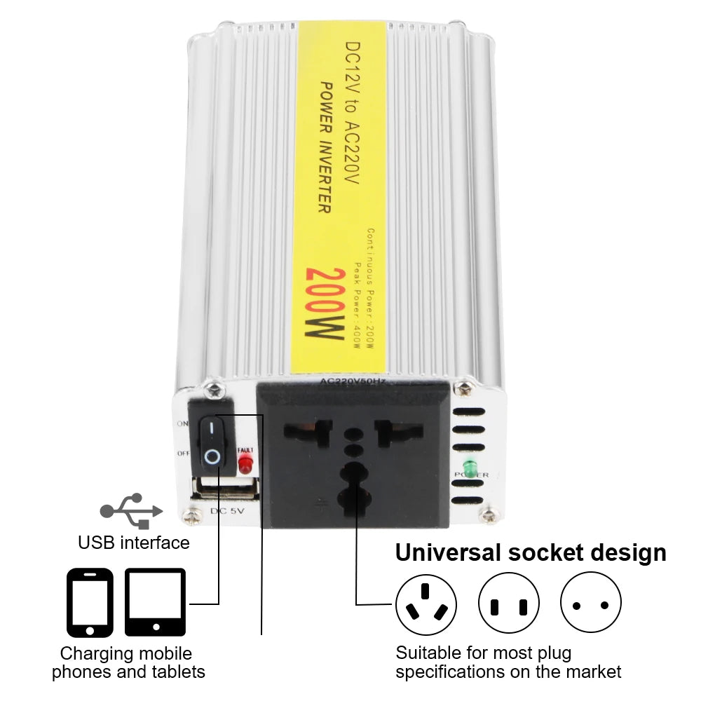 Solar Inverter DC 12V To AC 220V Household Storage Battery Converter Power Adapter AC Socket and USB Charger Car Inverter 200W