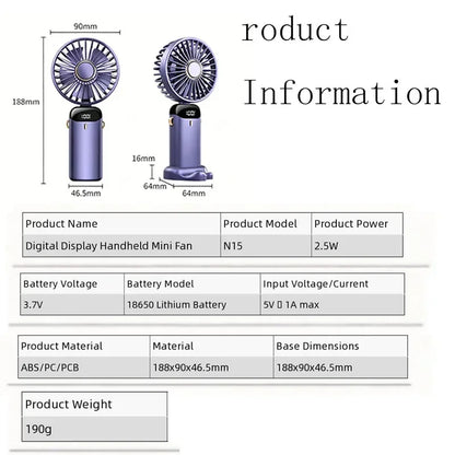 5000mAh Portable Handheld Mini Fan, Foldable, Can Be Hung on the Desk or Outdoors, Can Be Charged via USB, Equipped with LED Dig