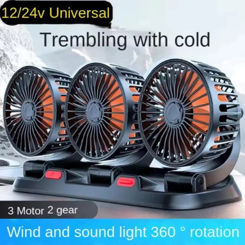 360° Adjustable 3-Head Car Fan Automotive Electric Air Circulator USB/12V/24V Dual-Speed Silent Fan for Home Desk Office & Car