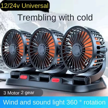 360° Adjustable 3-Head Car Fan Automotive Electric Air Circulator USB/12V/24V Dual-Speed Silent Fan for Home Desk Office & Car