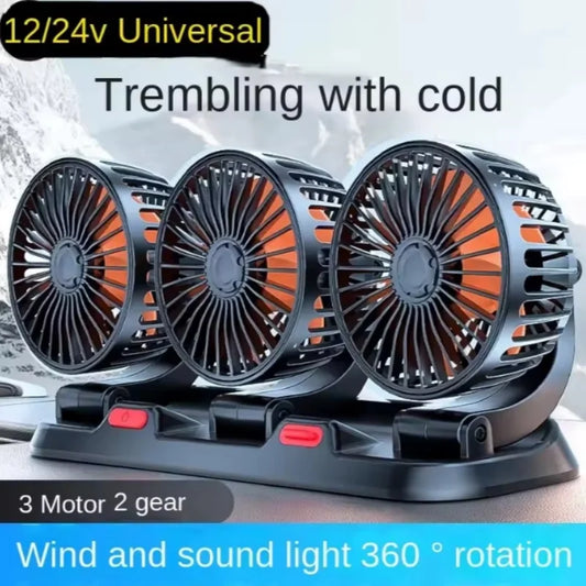 360° Adjustable 3-Head Car Fan Automotive Electric Air Circulator USB/12V/24V Dual-Speed Silent Fan for Home Desk Office & Car