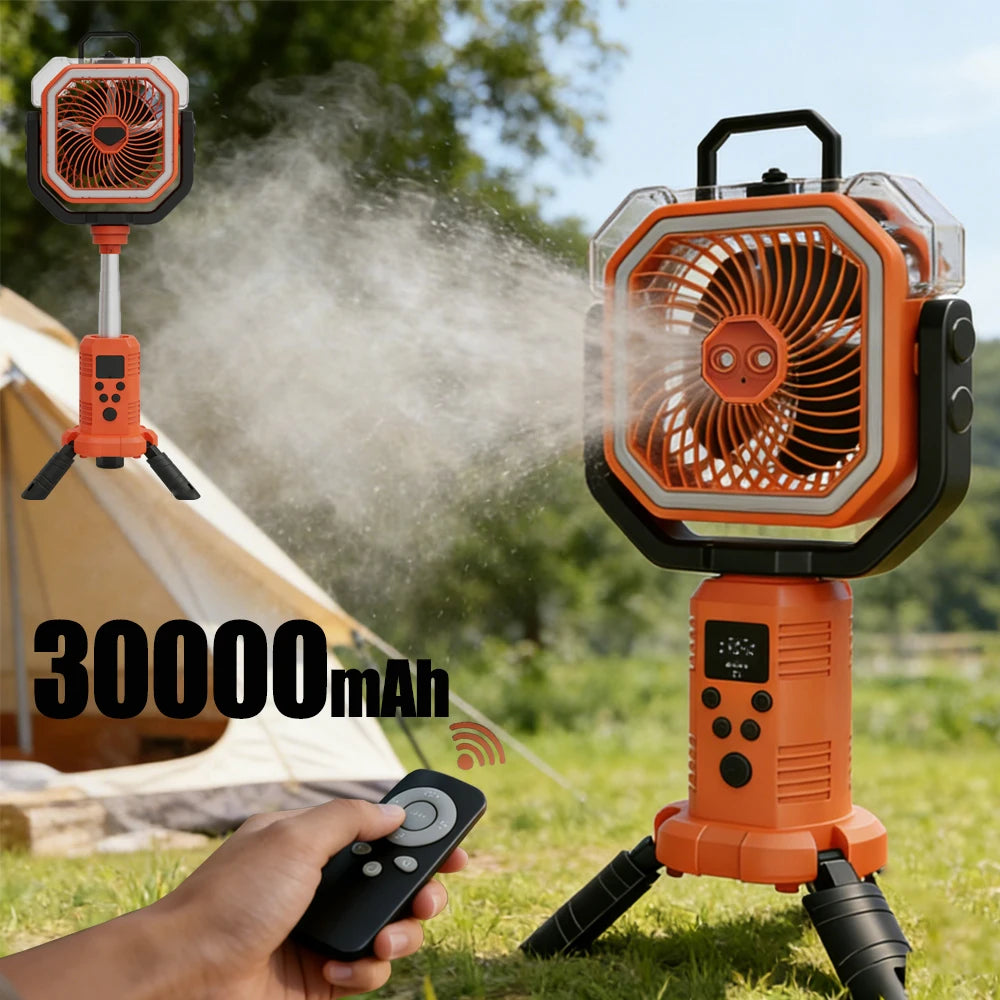 30000mAh Multicolor Portable Rechargeable Fan with Adjustable Heights & 3-Level LED Light for Camping Fishing Spray Camping Fan
