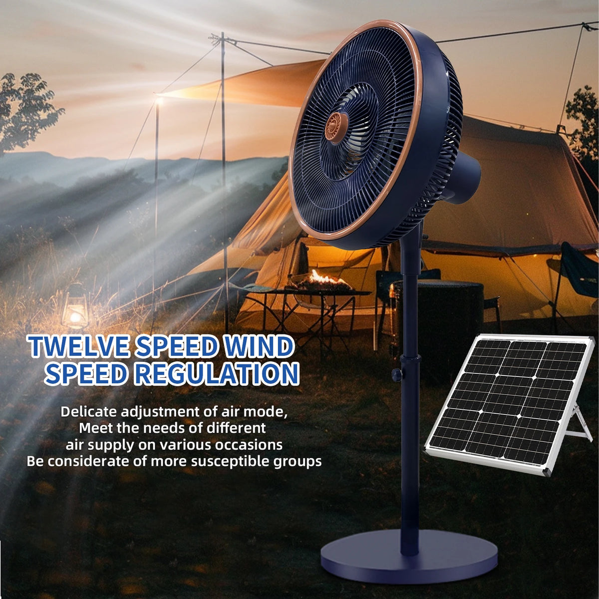 Solar Power Rechargeable Portable Solar Fan 16-Inch 16800mAh 100W Floor Fan 3D Air Circulation Electric Stand Fan Outdoor Use