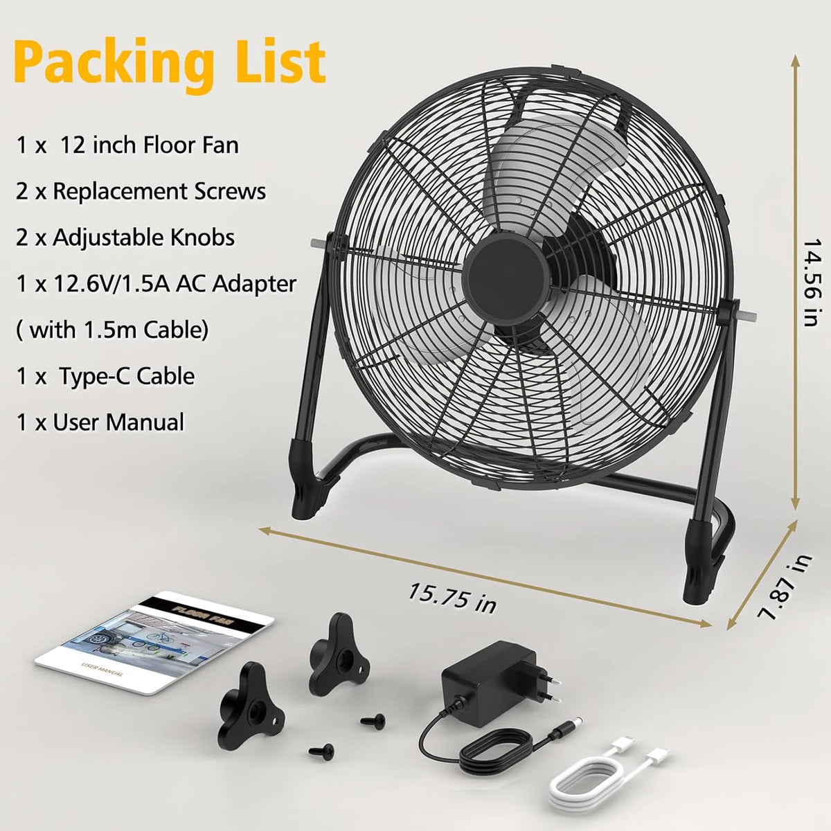 Rechargeable Floor Fan 13200 mAh Fan with Type C and USB Charging 15W Continuous Speed Control High Air Flow Wind Machine