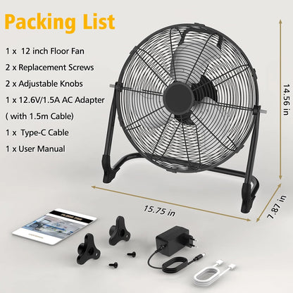 Rechargeable Floor Fan 13200 mAh Fan with Type C and USB Charging 15W Continuous Speed Control High Air Flow Wind Machine