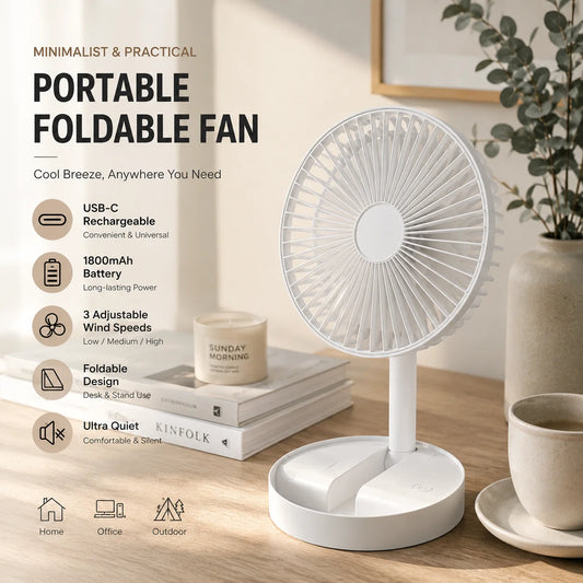 Portable Foldable Desktop Fan USB C Rechargeable 1800mAh Battery 3 Speed Ultra Quiet Fan for Home Office Bedroom Dorm Mini Fan