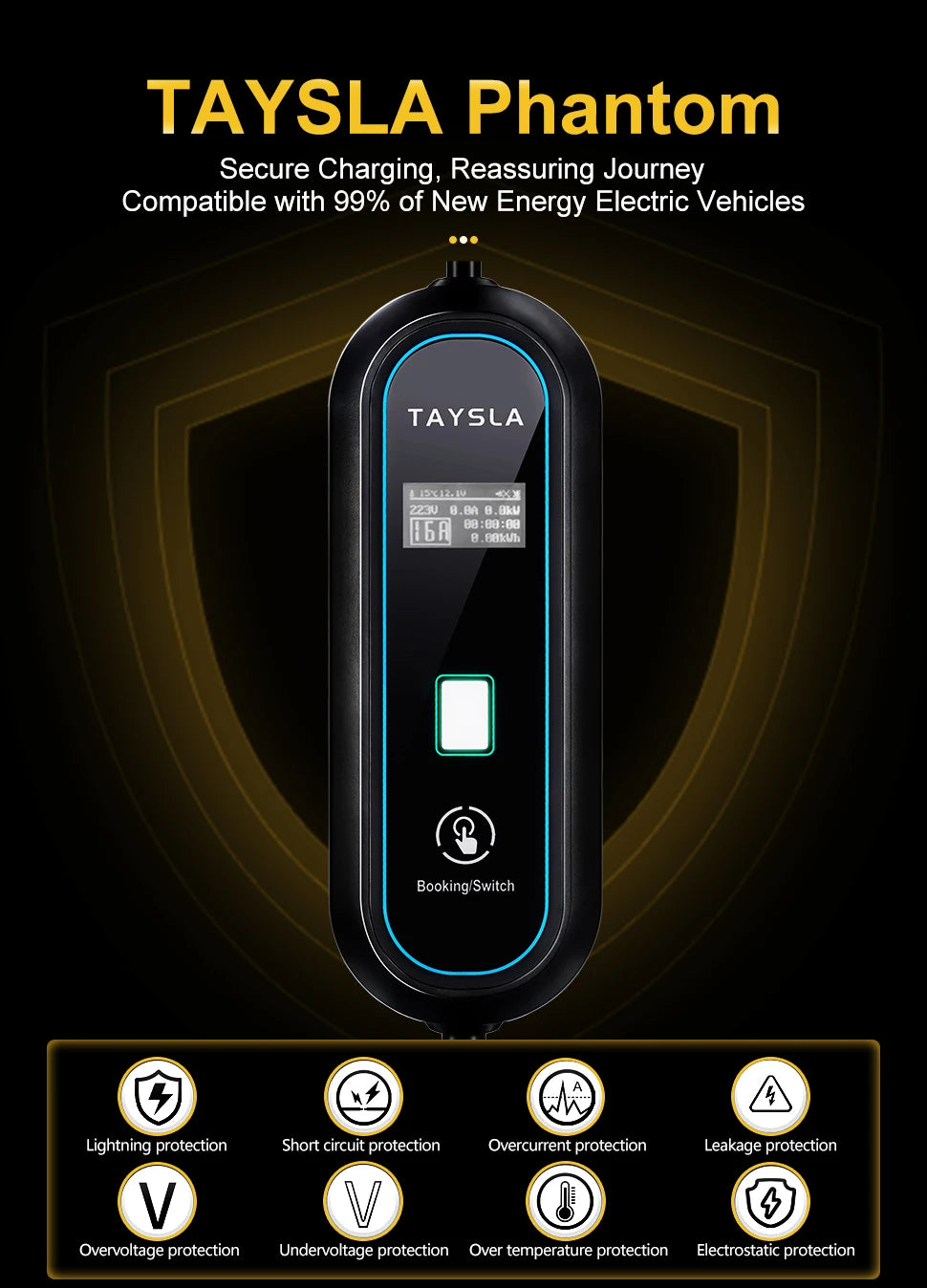 TAYSLA EV Charger Type 2 IEC62196-2 Portable EVSE Charging Cable 16A 3.5KW EV Charging Station Wallbox EU Plug for Electric Car