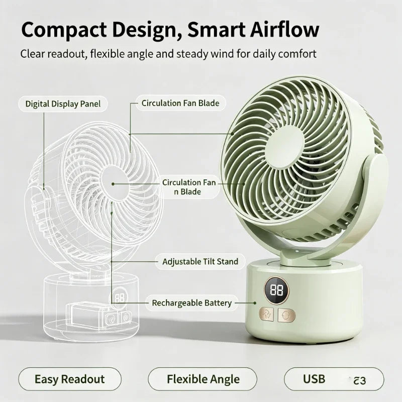 USB Rechargeable Silent Oscillating Fan with Long Battery Life High Airflow Outdoor Camping Circulator for Home Office Use